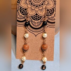 Goldstone Gold Sandstone Pearl and Onyx Genuine Gemstone with Copper Earrings